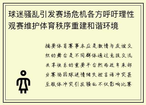球迷骚乱引发赛场危机各方呼吁理性观赛维护体育秩序重建和谐环境